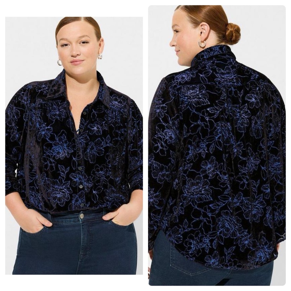 Torrid Blouse Madison Velvet Burnout Button Up Shirt Floral Crushed Velvet sz 2X